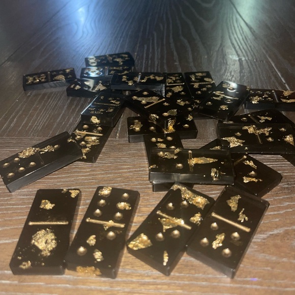 Handmade Resin Dominos Set of 28 Tiles -Black & Gold Leaf - Picture 1 of 6